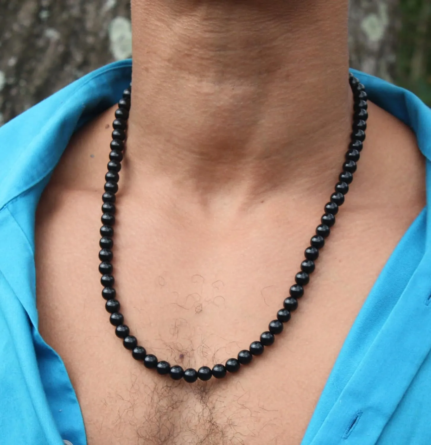 | Handmade Black Onyx Crystal Mens Necklace - Grounding Genuine Gemstone Beaded Mala | Willpower, Protection, Prosperity Choker - Jewelry Gift for Mens, Womens, | 8mm Beads, 19