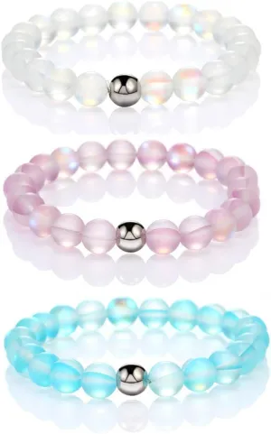 1-3 Pcs Round Mystic Mermaid with Rhinestone Glass Beaded Stretch Bracelet Handmade 8mm Matte Beads Elastic Bracelet Wristband with Love Charm Beaded Valentines Bracelet for Women Jewelry