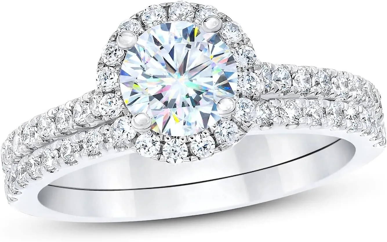 1-3/8 Carat Halo Bridal Set Moissanite Engagement Rings for Women Platinum Plated Silver Round Moissanite Rings