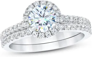 1-3/8 Carat Halo Bridal Set Moissanite Engagement Rings for Women Platinum Plated Silver Round Moissanite Rings
