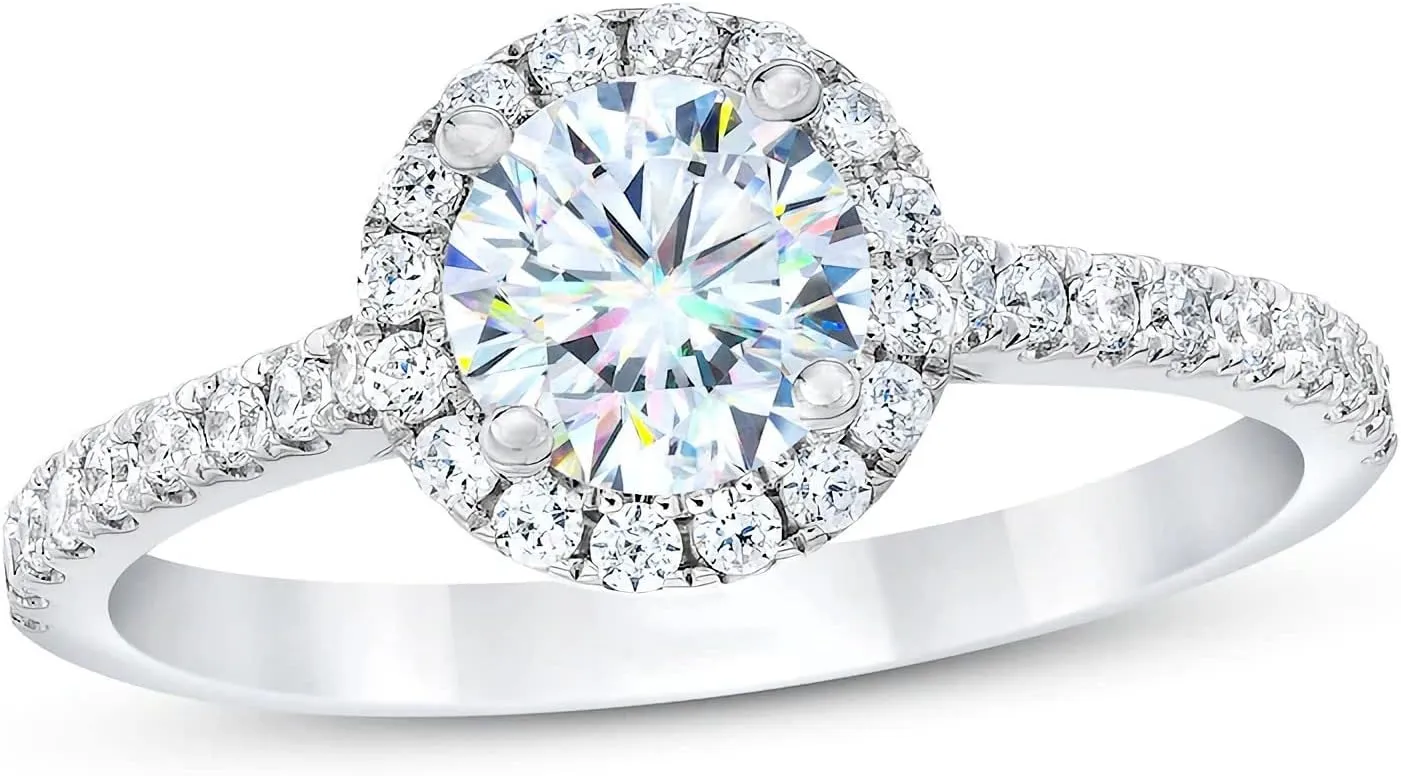 1-3/8 Carat Halo Bridal Set Moissanite Engagement Rings for Women Platinum Plated Silver Round Moissanite Rings