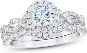 1 Carat Round Cut Bridal Set Moissanite Engagement Rings for Women Platinum Plated Silver Round Moissanite Rings