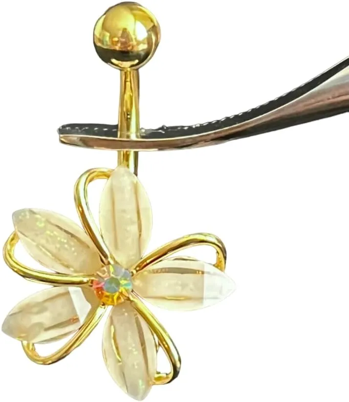 1 Piece Brilliant CZ Gem Center Wire Flower Belly Button Ring - Pierced Navel Gold Plated Naval - Body Jewelry