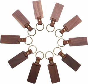 10 Pack Blank Wood Keychain, Rectangle Walnut Keychains with Leather Strap, Personalized Key Tags for DIY Car Ornament, Key Ring Gift Craft for Birthday, Engraving Gift