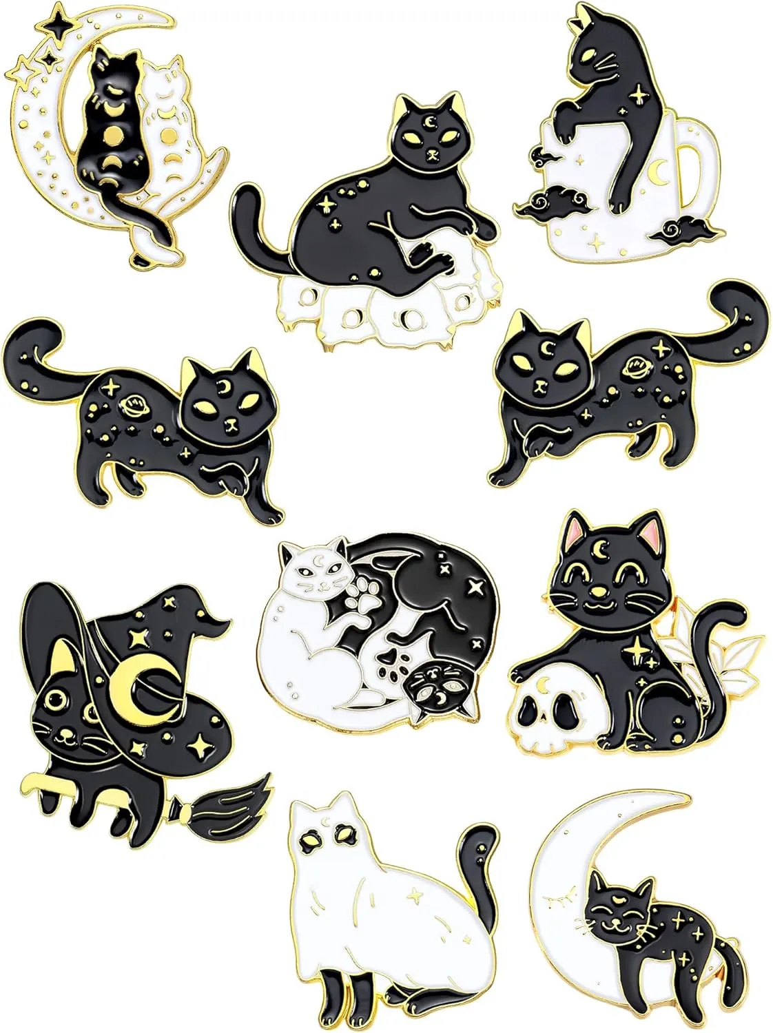 10 Pieces Cat Pins Cute Brooch Pin Set Kawaii Backpack Pin Black Cat Book Brooch Gothic Aesthetic Buttons for Backpacks Clothing Bags Lapel Jackets for Women Men DIY Presents