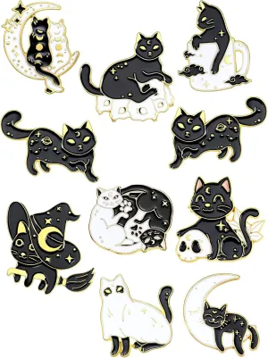 10 Pieces Cat Pins Cute Brooch Pin Set Kawaii Backpack Pin Black Cat Book Brooch Gothic Aesthetic Buttons for Backpacks Clothing Bags Lapel Jackets for Women Men DIY Presents