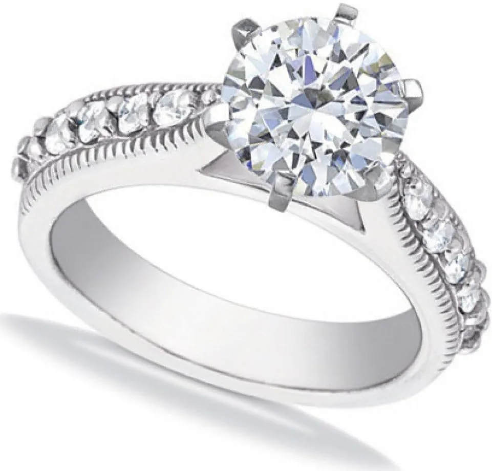 1.00 ct Round Cut Diamond Engagement Ring Whit Millgrain on The Shank in Platinum
