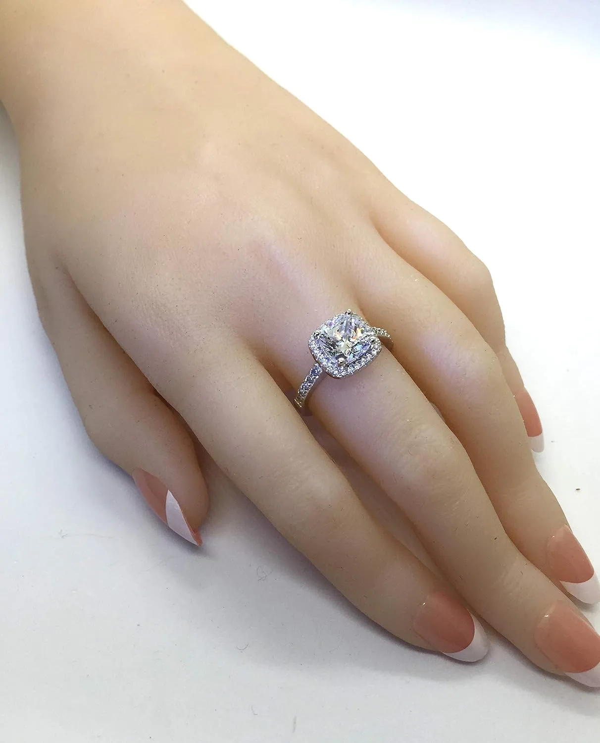 101 Facets 2 Carat Princess Cushion Cut NSCD Simulated Diamond Ring 925 Silver Platinum Plated Halo