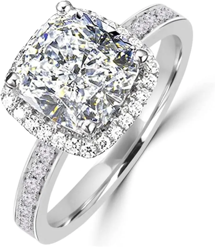 101 Facets 2 Carat Princess Cushion Cut NSCD Simulated Diamond Ring 925 Silver Platinum Plated Halo