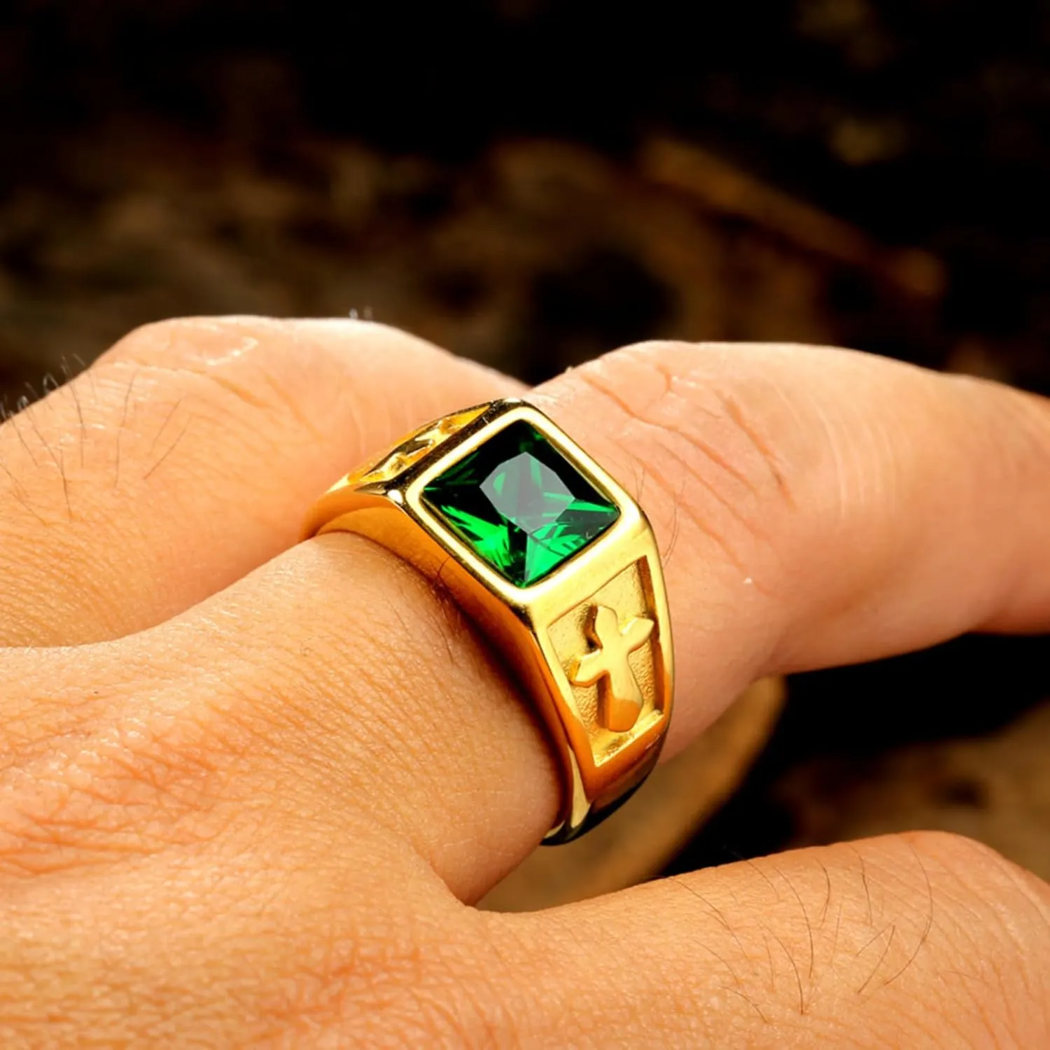 10K 14K 18K Solid Gold 1CT Ruby/Emerald/Sapphire/Black Onyx Gold Men's Ring Cross Signet Statement Ring Gold Faith Jewelry Gift for Men Husband Father Birthday Size 4 to 16
