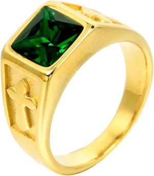 10K 14K 18K Solid Gold 1CT Ruby/Emerald/Sapphire/Black Onyx Gold Men's Ring Cross Signet Statement Ring Gold Faith Jewelry Gift for Men Husband Father Birthday Size 4 to 16