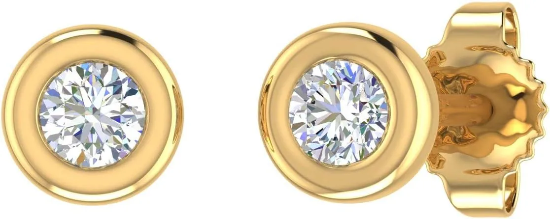 10K Gold Bezel Set Round Diamond Stud Earrings (1/10 Carat) (SI1-SI2 Clarity)