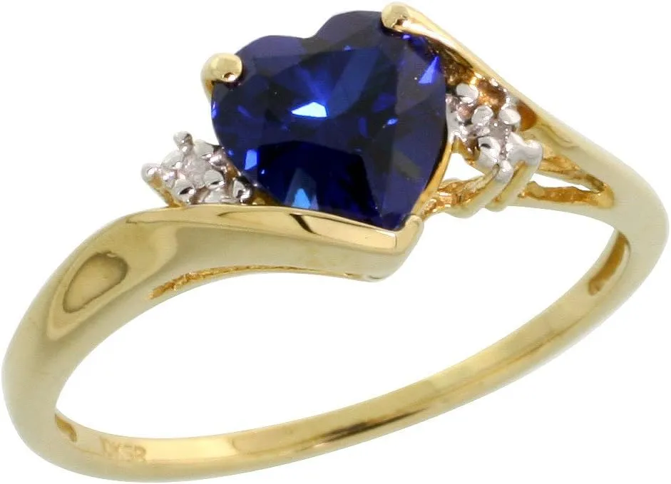 10k Gold Heart Stone Ring w/ 1.50 Total Carat Heart-Shaped 7mm Created Blue Sapphire Stone & Brilliant Cut Diamonds