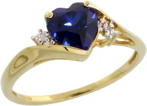 10k Gold Heart Stone Ring w/ 1.50 Total Carat Heart-Shaped 7mm Created Blue Sapphire Stone & Brilliant Cut Diamonds