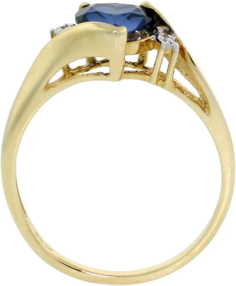 10k Gold Heart Stone Ring w/ 1.50 Total Carat Heart-Shaped 7mm Created Blue Sapphire Stone & Brilliant Cut Diamonds