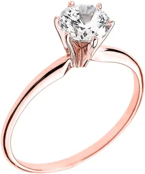 10K Rose Gold Round Brilliant Cut Cubic Zirconia Solitaire 6 Prong Engagement Ring with Slender Band - Size 5-1/2