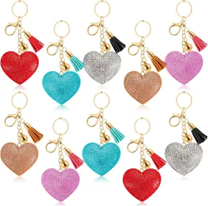 10pcs Glitter Crystal Rhinestone Keychain, Heart Shape Rhinestone Tassel Keychains for Handbags, Bling Heart Key Chain for Women and Girls