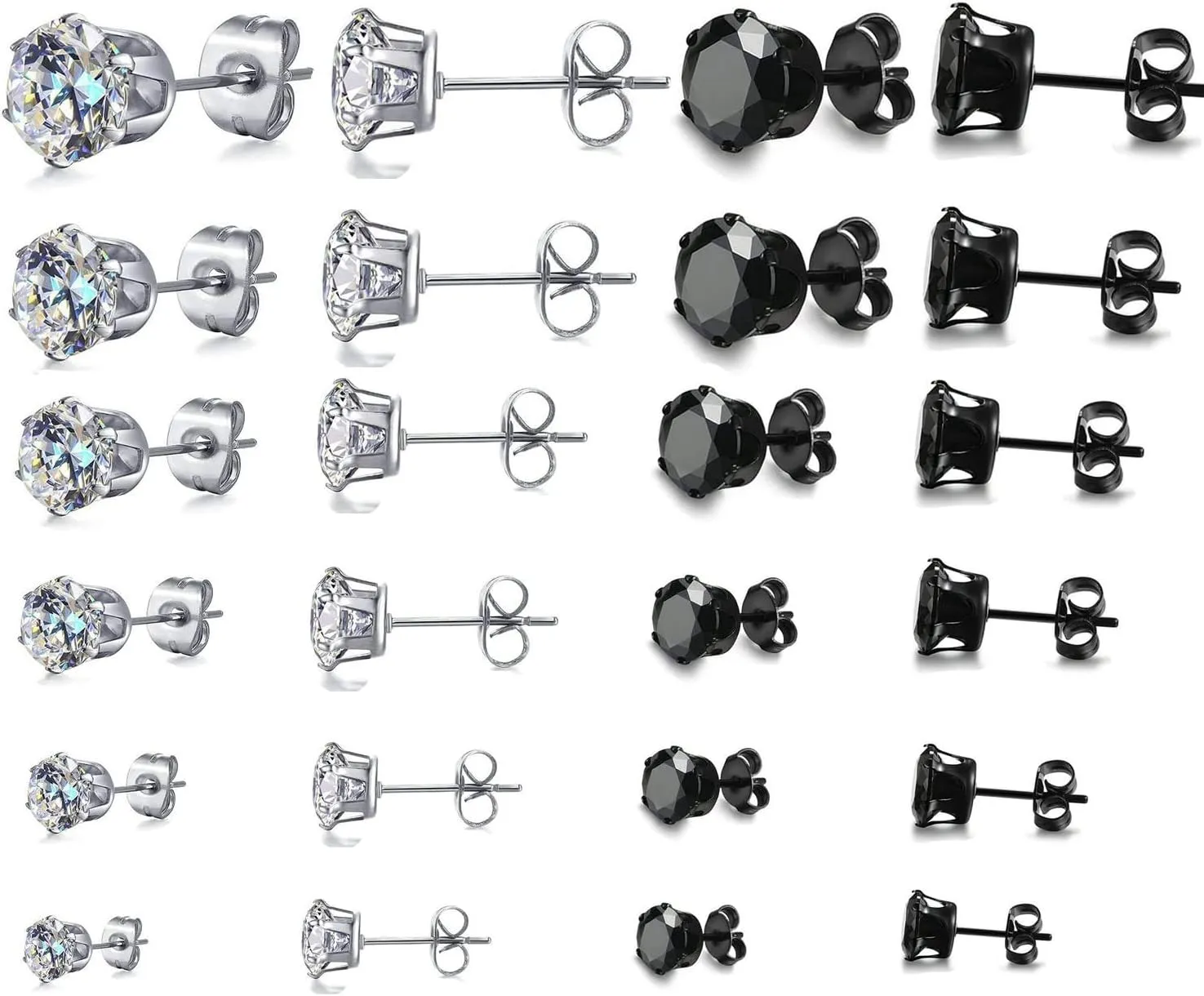12 Pair Stainless Steel Mens Womens Stud Earrings Set Black and Clear Round Cubic Zirconia Inlaid Pierced Hypoallergenic 3-8mm(24PCS,6 Pairs Black,6 Pairs Clear)
