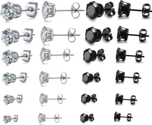 12 Pair Stainless Steel Mens Womens Stud Earrings Set Black and Clear Round Cubic Zirconia Inlaid Pierced Hypoallergenic 3-8mm(24PCS,6 Pairs Black,6 Pairs Clear)