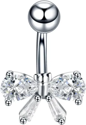 14G Bow Knot Belly Button Ring Surgical Stainless Steel Cubic Zirconia Ribbon Bow Navel Barbell Rings Body Piercing Stud Dainty Christmas Birthday Jewelry Gifts for Women Men Unisex