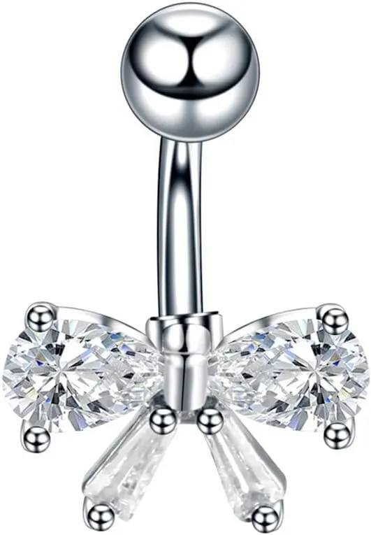 14G Bow Knot Belly Button Ring Surgical Stainless Steel Cubic Zirconia Ribbon Bow Navel Barbell Rings Body Piercing Stud Dainty Christmas Birthday Jewelry Gifts for Women Men Unisex