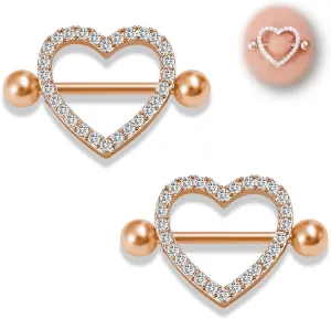 14G Heart Nipple Piercing Jewelry, Nipple Rings Surgical Steel for Men and Women, CZ Gem Nipple Shields Barbell Rings, 14 Gauge A Pair
