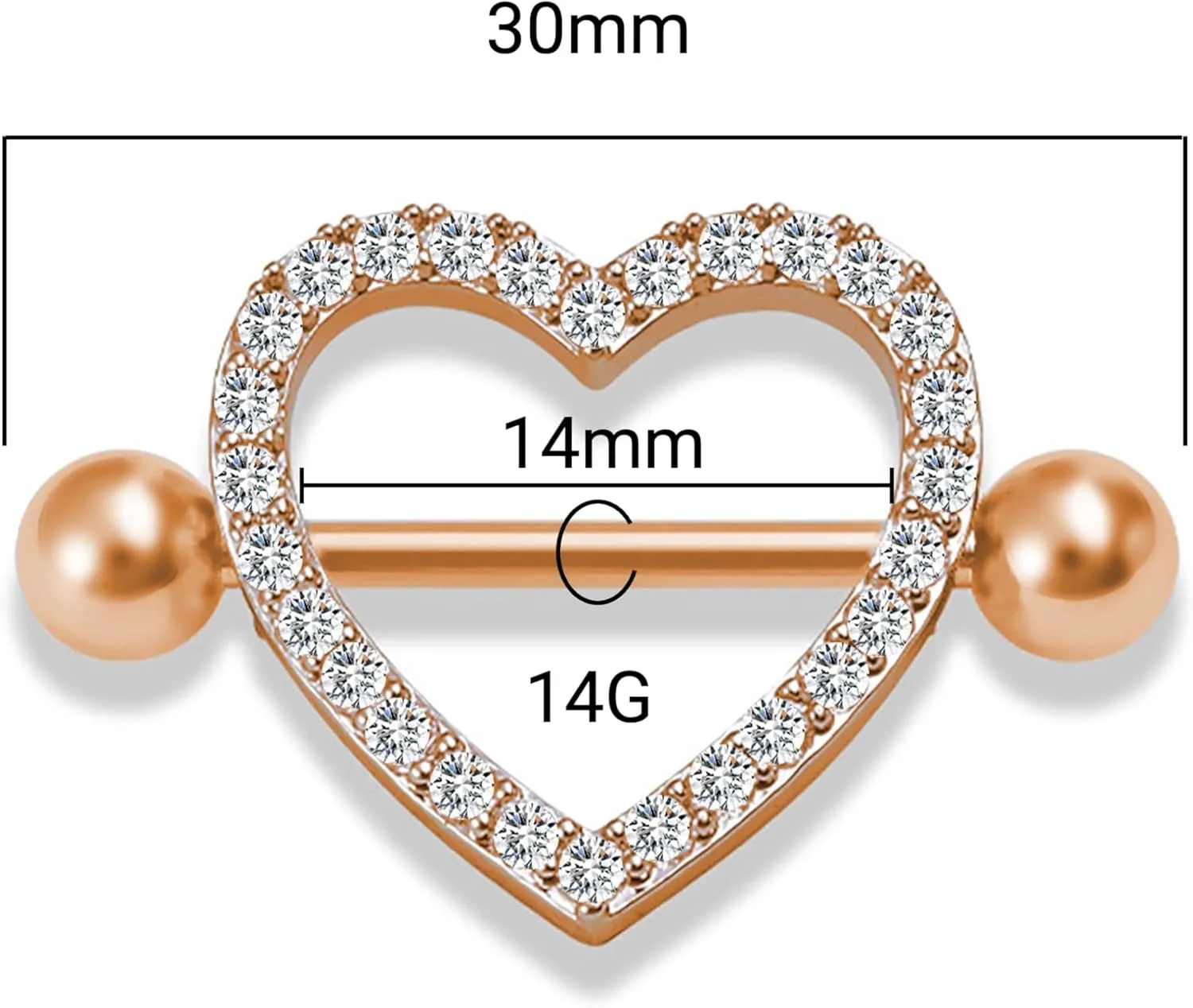 14G Heart Nipple Piercing Jewelry, Nipple Rings Surgical Steel for Men and Women, CZ Gem Nipple Shields Barbell Rings, 14 Gauge A Pair