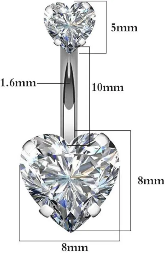 14G Surgical Steel Belly Button Rings Double Heart Cubic Zirconia Navel Barbell Stud Body Piercing