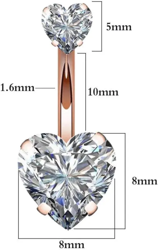 14G Surgical Steel Belly Button Rings Double Heart Cubic Zirconia Navel Barbell Stud Body Piercing