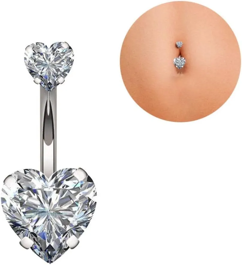 14G Surgical Steel Belly Button Rings Double Heart Cubic Zirconia Navel Barbell Stud Body Piercing