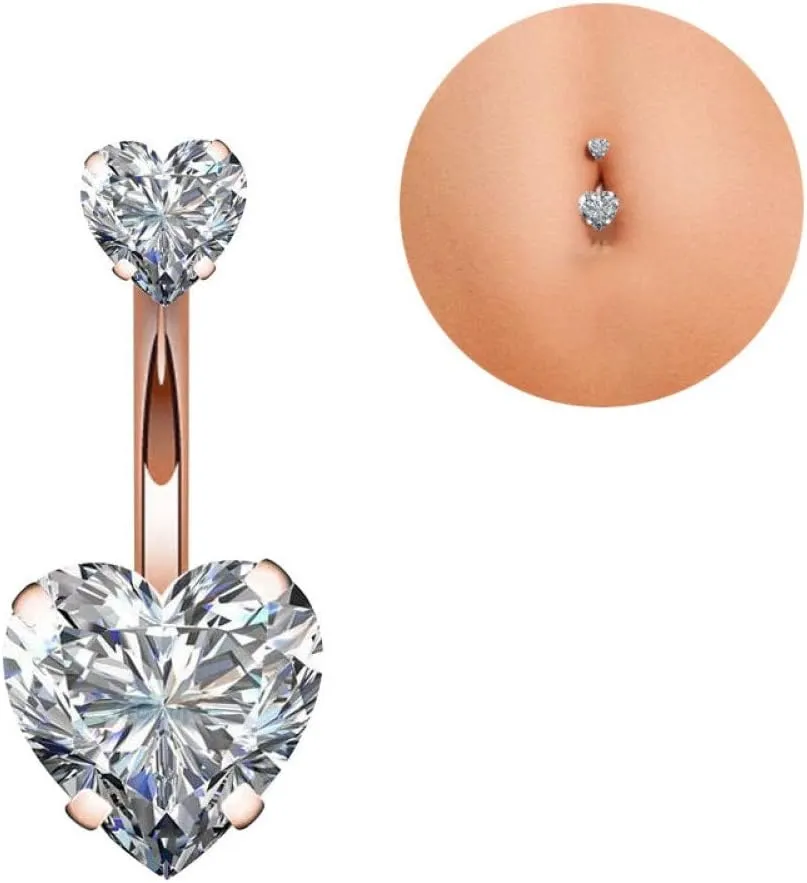 14G Surgical Steel Belly Button Rings Double Heart Cubic Zirconia Navel Barbell Stud Body Piercing