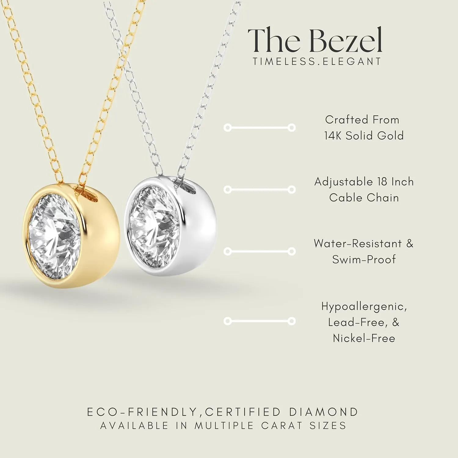 14K Gold Bezel Pendant Necklace for Women | 1/2ct to 1.00ct Lab-Grown Diamond | E-F Color, VS Clarity | Floating Gold Necklace for Women| Certified by IGI | Adjustable 18" Chain