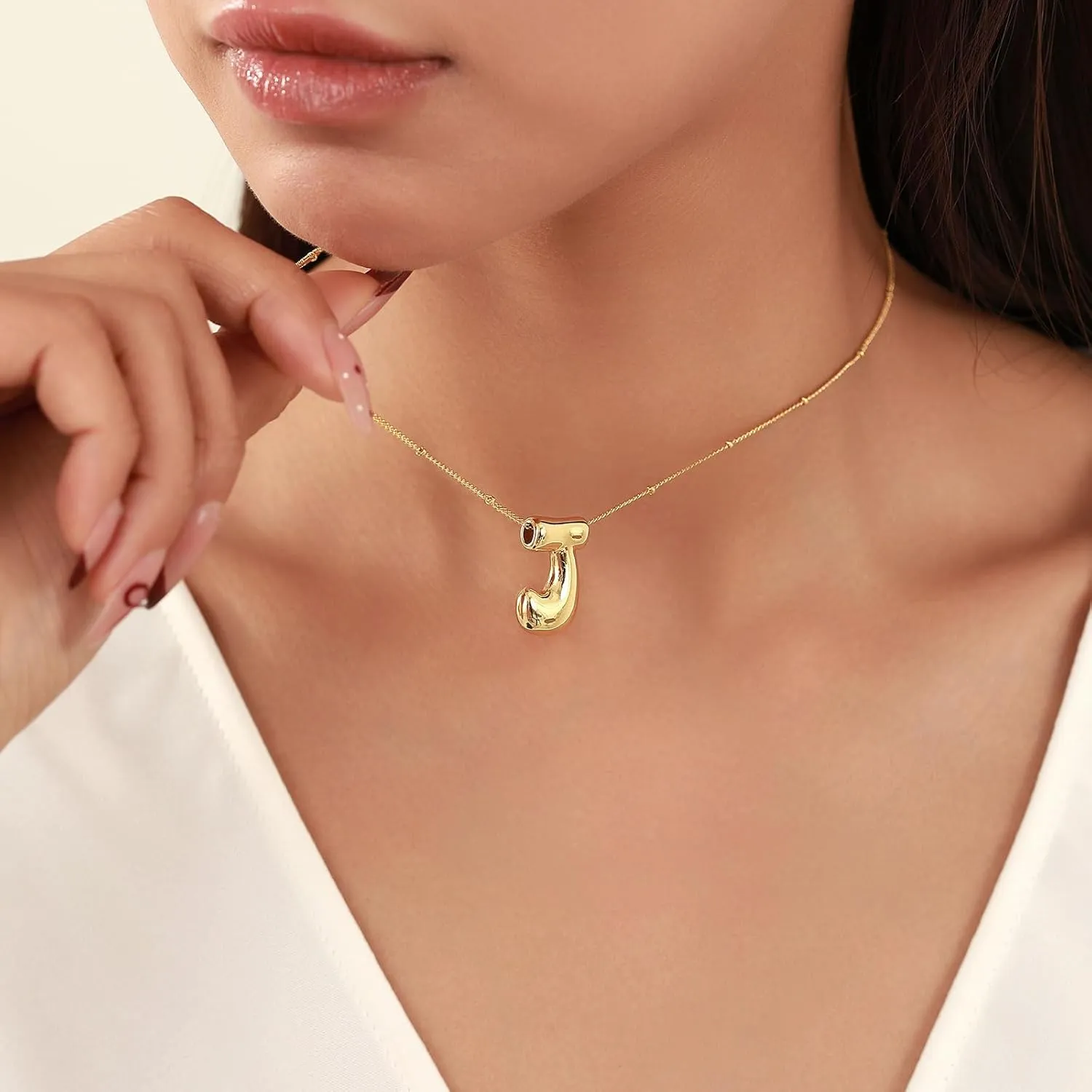 14K Gold Plated Bubble Letter Necklace 3D Initial Pendant with Beaded Chain Personalized Name Jewelry for Women