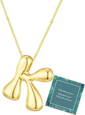 14K Gold Plated Bubble Letter Necklace 3D Initial Pendant with Beaded Chain Personalized Name Jewelry for Women