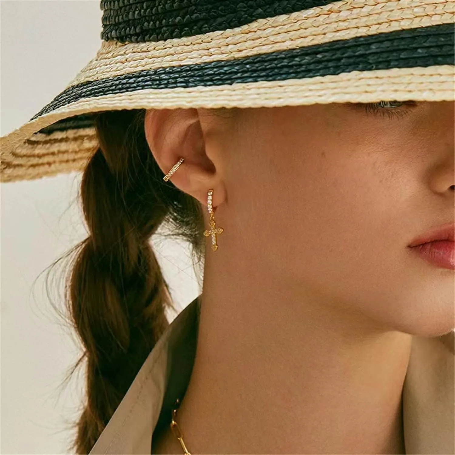 14K Gold Plated Cross Hoop Earrings for Women Cubic Zirconia Cross Drop Dangle Earrings Lightweight Diamond Cross Earrings Fashion Jewelry Gift