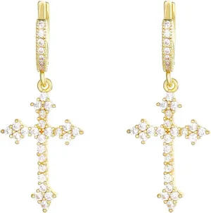 14K Gold Plated Cross Hoop Earrings for Women Cubic Zirconia Cross Drop Dangle Earrings Lightweight Diamond Cross Earrings Fashion Jewelry Gift