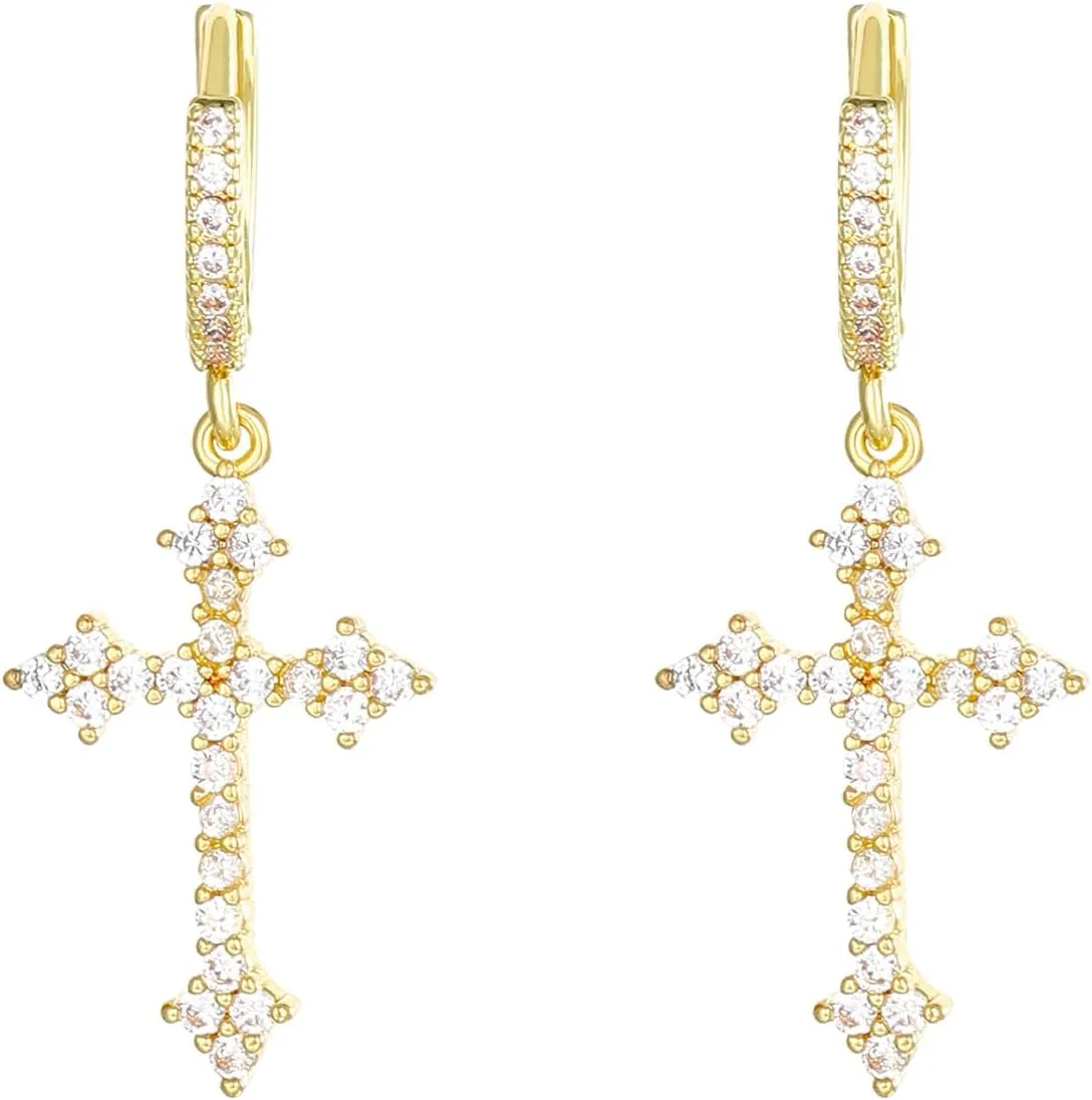 14K Gold Plated Cross Hoop Earrings for Women Cubic Zirconia Cross Drop Dangle Earrings Lightweight Diamond Cross Earrings Fashion Jewelry Gift