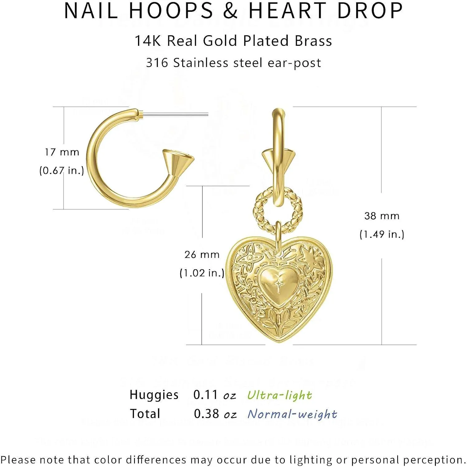 14K Gold Plated Heart Earrings for Women, Hypoallergenic Half Hoop Drop Earrings, Gift for Wife Mom Her by Febsky