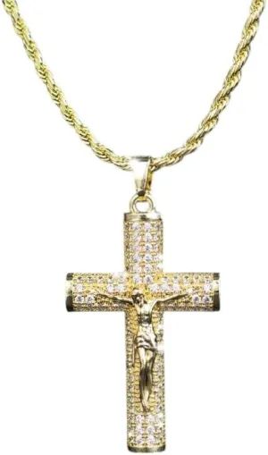 14K Gold Plated Jesus Christ Cross Crucifix Pendant with Bling Crystals, 24" 3mm or 8mm Figaro Link or Rope Chain Necklace, Religious Hip Hop Jewelry for Men and Women