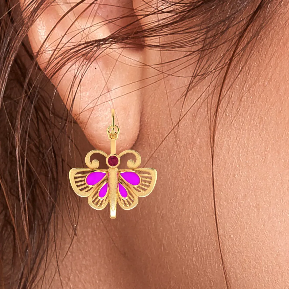 14k Minimal Gold Earrings With Butterfly Design And Purple, Red Stone