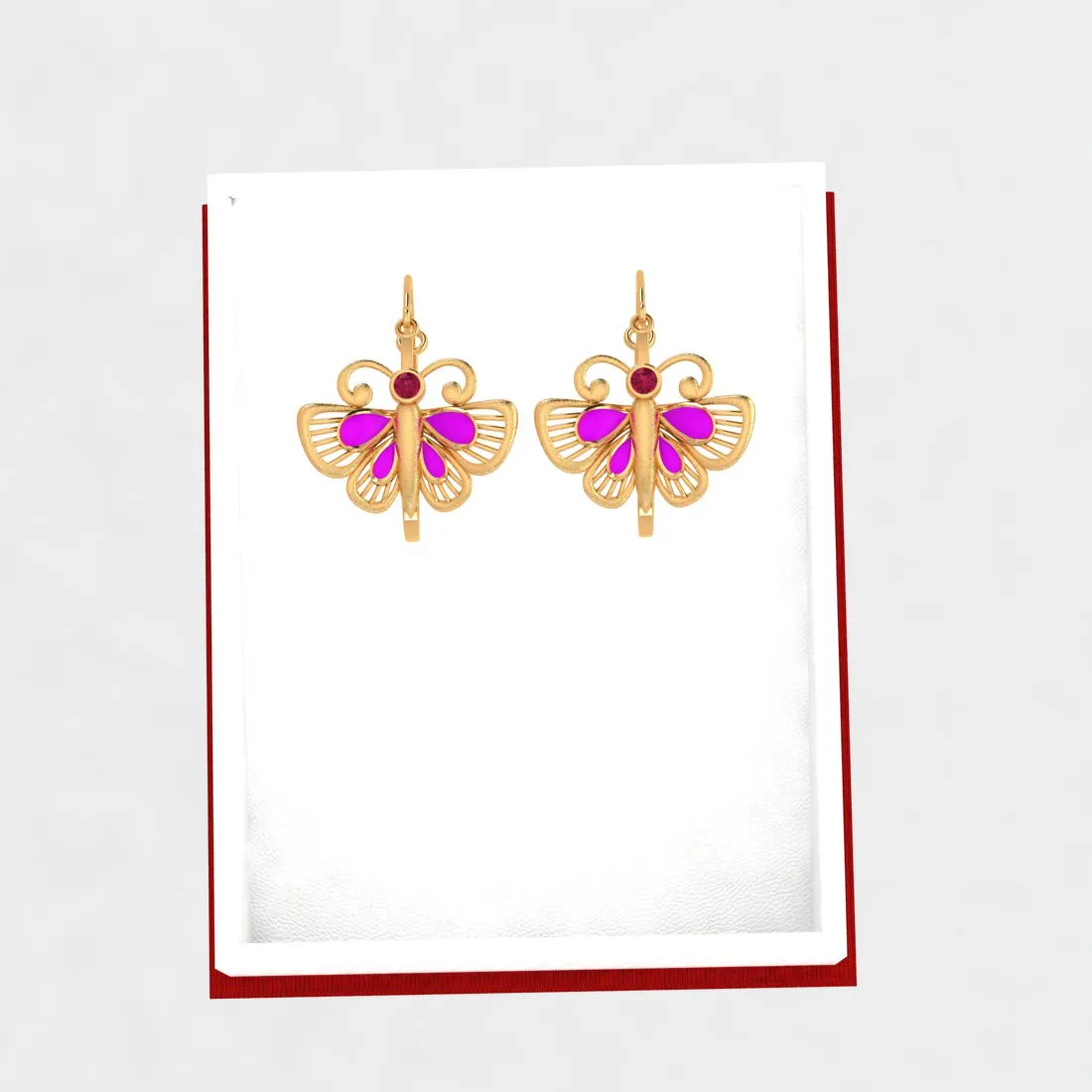 14k Minimal Gold Earrings With Butterfly Design And Purple, Red Stone