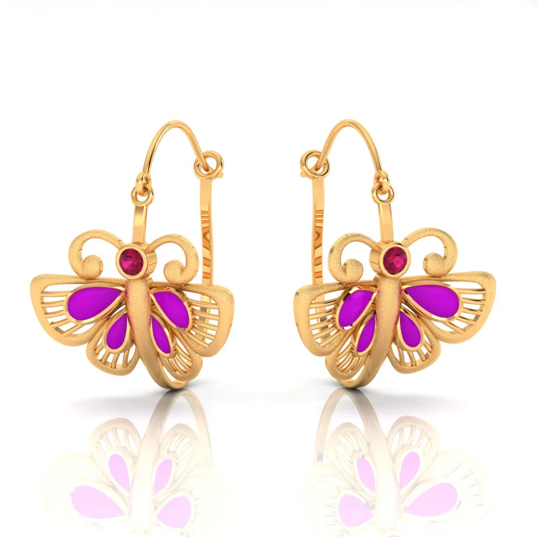 14k Minimal Gold Earrings With Butterfly Design And Purple, Red Stone