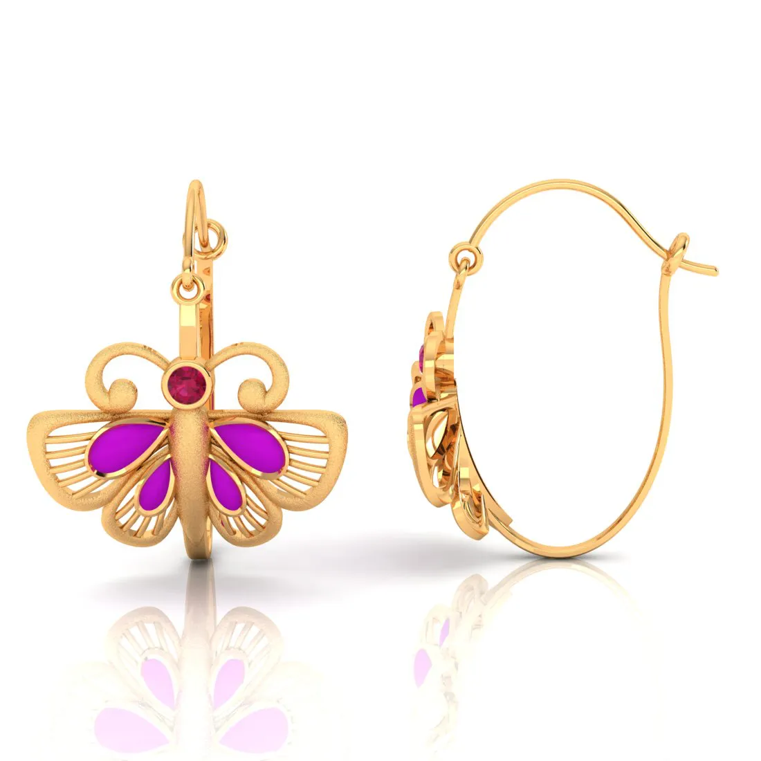 14k Minimal Gold Earrings With Butterfly Design And Purple, Red Stone