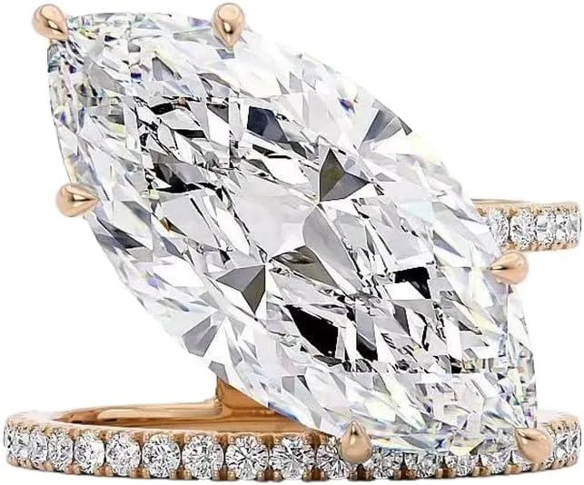14K Plated Rose Gold 3.5CT Solitaire Elongated Marquise Cut Engagement Ring for Women, Simulated Diamond Promise Handmade Ring Promise Wedding Rings Size 10#