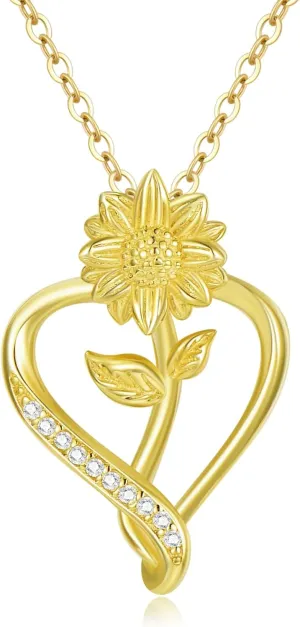 14K Real Gold Sunflower Heart Necklace for Women, You are My Sunshine Solid Gold Sunflower Pendant Necklaces Jewelry Birthday Christmas Gifts for Her Mom Girlfriend, 16 2 Inch