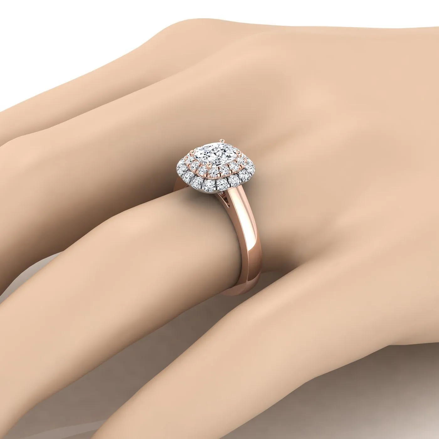 14K Rose Gold Cushion Diamond Stair Step Double Halo Engagement Ring -1/2ctw