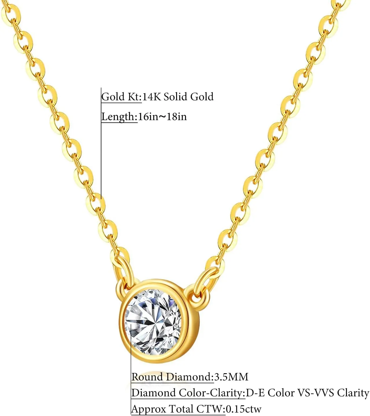 14k Solid Gold Diamond Solitaire Necklace Series,No fading, No allergies, Non gold-plating,Lab grown Diamond, DEF VS~VVS, Classic,Lobster buckle