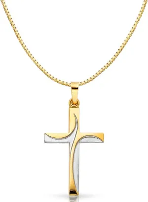 14K Two Tone Gold Religious Cross Charm Pendant with 0.8mm Box Chain Necklace