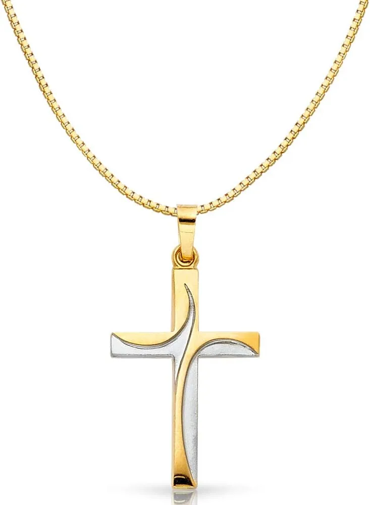 14K Two Tone Gold Religious Cross Charm Pendant with 0.8mm Box Chain Necklace