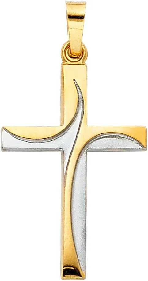 14K Two Tone Gold Religious Cross Charm Pendant with 0.8mm Box Chain Necklace